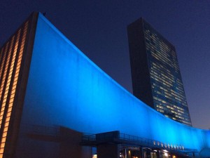 The UN lit in blue for UN day
